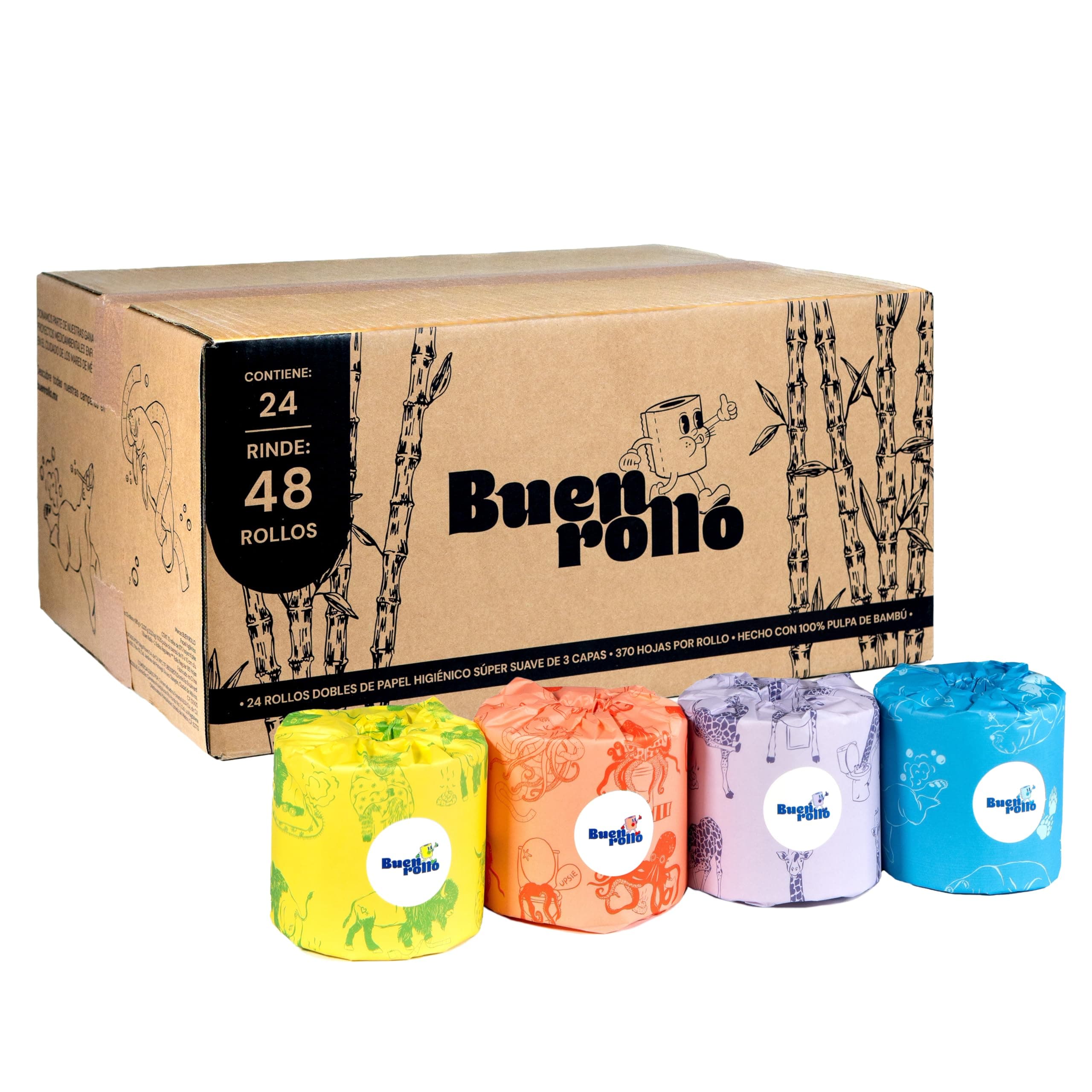 Buen Rollo, papel higiénico de bambu de triple hoja, 24 rollos de doble duración, 370 hojas por