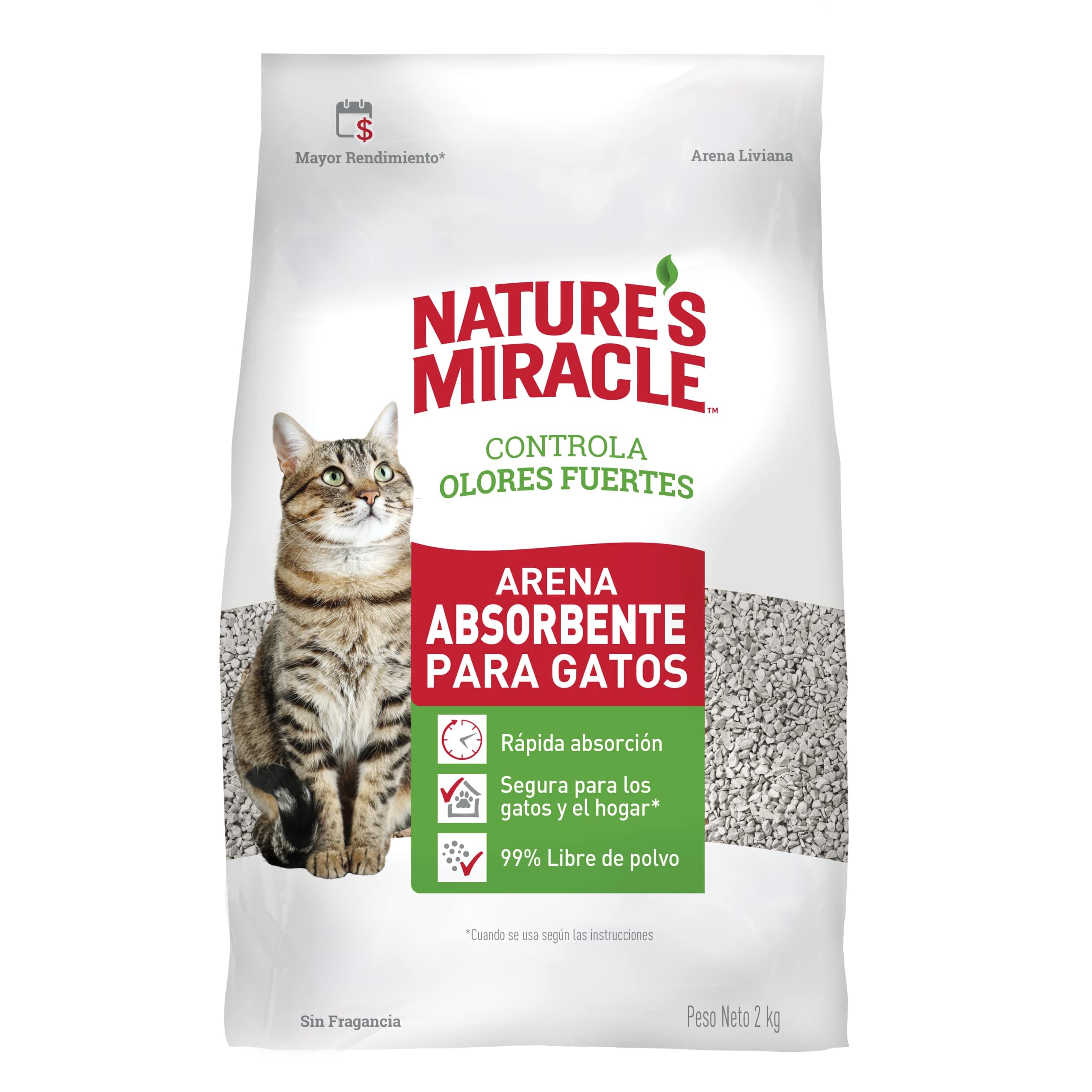 Nature's Miracle - Arena para Gato - Absorbente - 2 Kg - Rápida Absorción - Sin Fragancia - Fácil