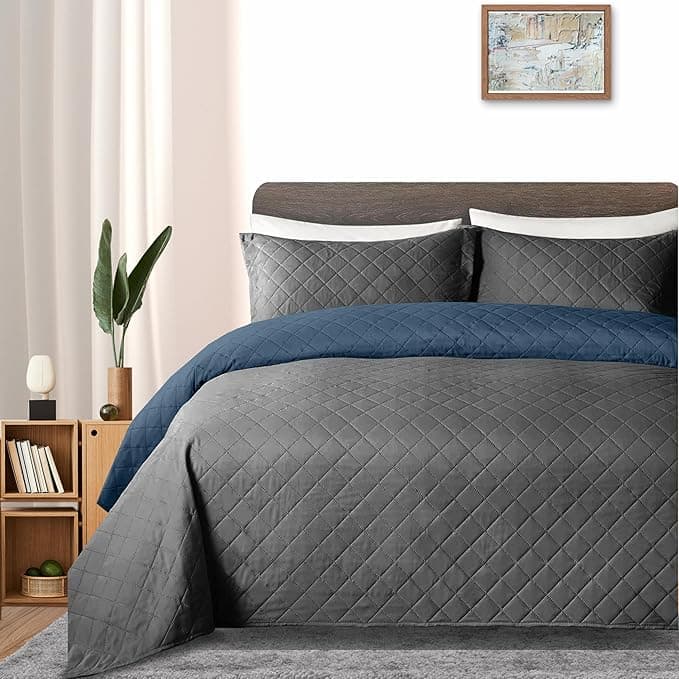 Yamel Hogar Colcha Ligera Doble Vista Tradicional, Gris-Marino King Size