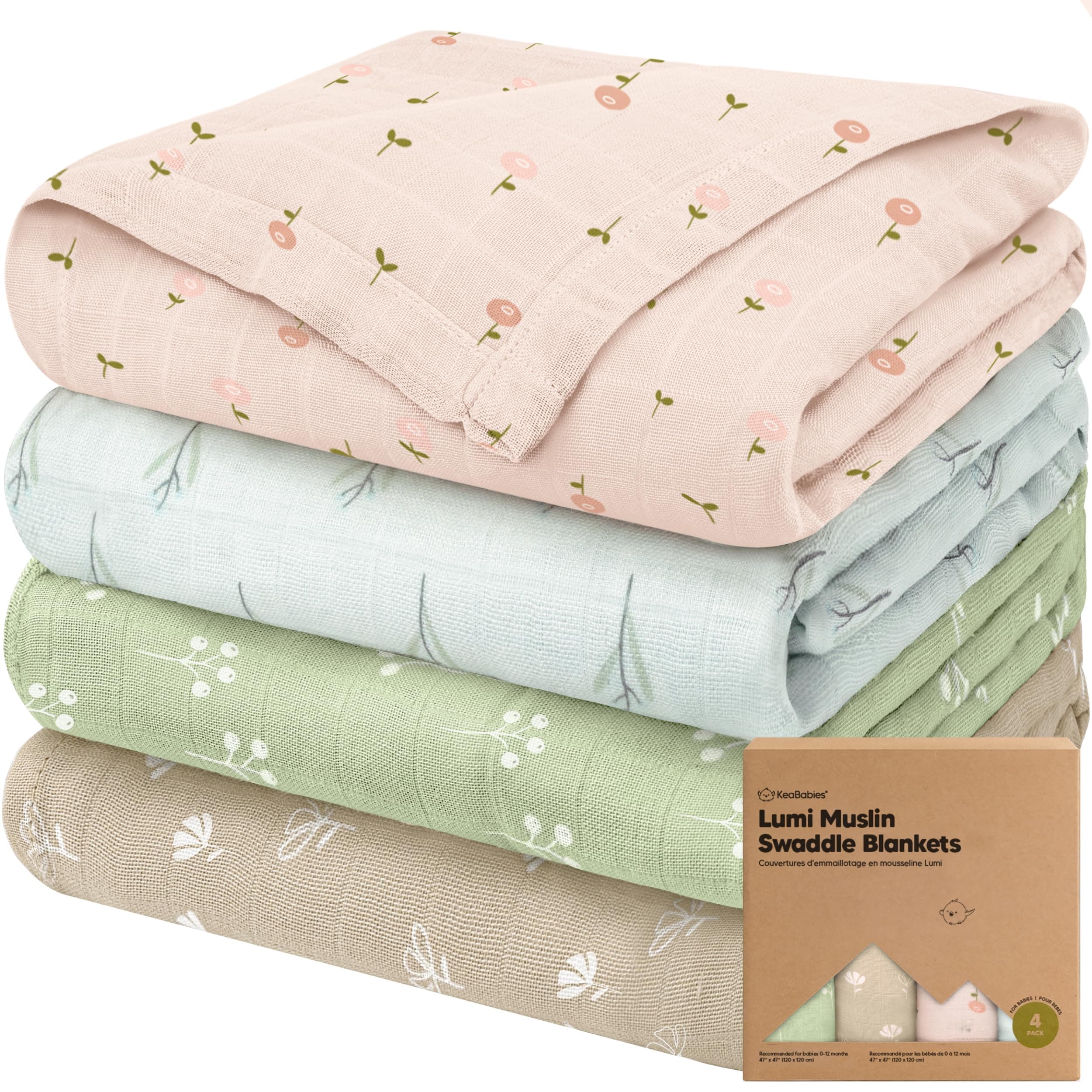 KeaBabies Paquete de 4 Manta de Muselina para Bebés y Niñas