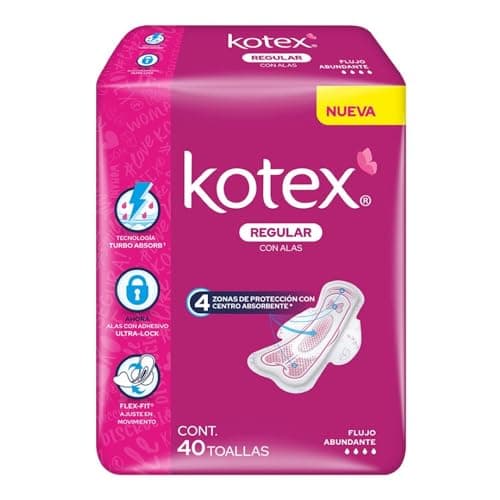 Kotex Regular Con Alas, Toalla Femenina, Paquete con 40 Toallas, Ideal para Flujo Abundante