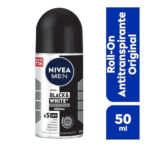 NIVEA MEN Desodorante Antimanchas, Black & White Invisible Power (50 ml) Fórmula anti manchas, anti olor, anti sudor, anti irritación y anti residuos 48horas Protección Antitranspirante Roll on
