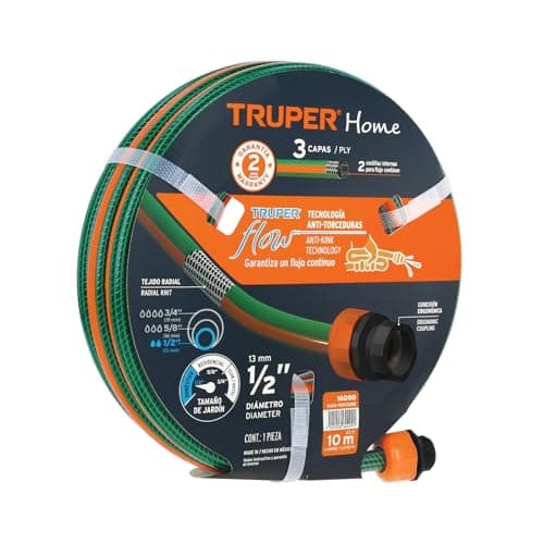 Truper MAN-10X1/2RE, Manguera 1/2", reforzada, 3 capas, conexiones plásticas, 10 m