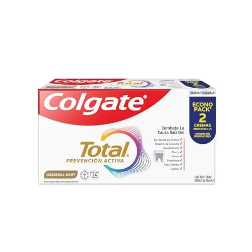 Colgate Total Original Mint, Pasta Dental, 24 Horas de Prevención Activa Contra Bacterias bucales, con Flúor, 2x100ml