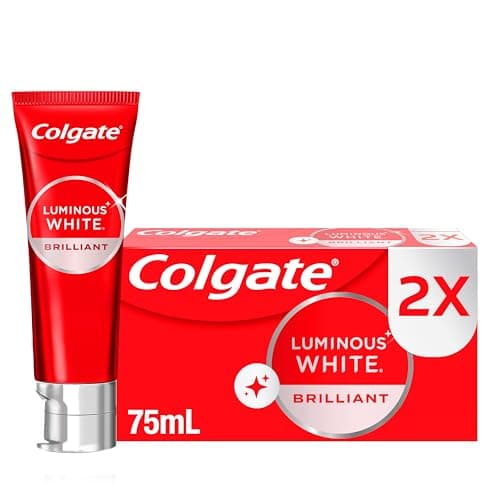 Colgate Pasta Dental Blanqueadora Luminous White Brilliant White 2x75 ml. Remueve Manchas Superficiales, Protege el Esmalte y Ofrece Dientes Más Blancos, Ideal para la Salud Bucal Diaria