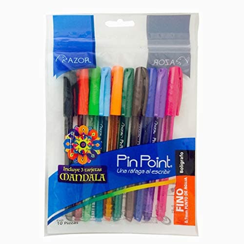 Azor Bolígrafos De Colores Punto Fino .7mm, 10 Piezas + Mandalas De Regalo PinPoint 301.6810
