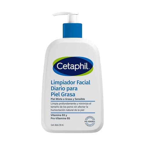 Cetaphil Gel Limpiador Facial Piel Grasa y Mixta, Limpieza Profunda sin Resequedad con Niacinamida y Pantenol, Control de Brillo y Poros, 237 ml