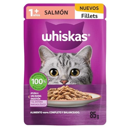 WHISKAS - Alimento Húmedo para Gatos, Sabor Salmón, con Ingredientes Naturales, Calcio, Minerales, Vitamina A y Taurina, 24 Sobres, 85g c/u.