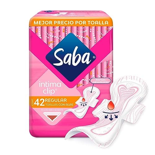 Saba Intima Clip; Toalla Femeninas para Flujo Abundante, Centro de Rápida Absorción; 42 Toallas