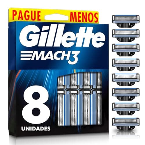 GILLETTE Mach3, Cartucho de Rastrillo para Afeitar, 8 Repuestos con 3 Hojas para Rasurar la Barba