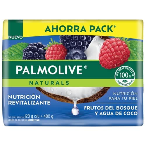 Palmolive Naturals Jabón de Baño Frutos del Bosque y Agua de Coco en Barra 4 x 120 g. Fórmula Infusionada con Ingredientes 100% de Origen Natural que Dejan una Sensación Humectante