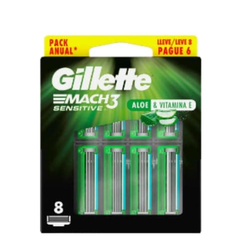 GILLETTE Mach3 Sensitive, Cartucho de Rastrillo para Afeitar, 8 Repuestos con Aloe & 3 Hojas para Rasurar, Rastrillo para Hombre con Piel Sensible