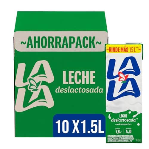 Lala Leche Deslactosada Parcialmente Descremada Ultrapasteurizada Adicionada con Vitaminas A y D - 1 Pack x 10 Piezas de 1.5 Litros c/u, Total: 15 L