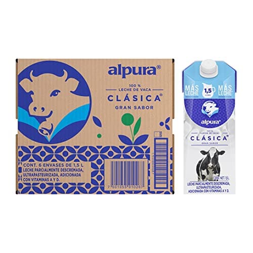 Alpura Leche Clásica 100% leche de vaca Ultrapasteurizada en Paquete de 6 Piezas de 1.5 Litros cada una, Fuente de Calcio y Proteína, adicionada con vitaminas A y D.