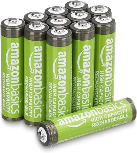 Amazon Basics Paquete de 12 pilas recargables de alto rendimiento AAA NiMH, 850 mAh, recarga hasta 500 veces, precargadas
