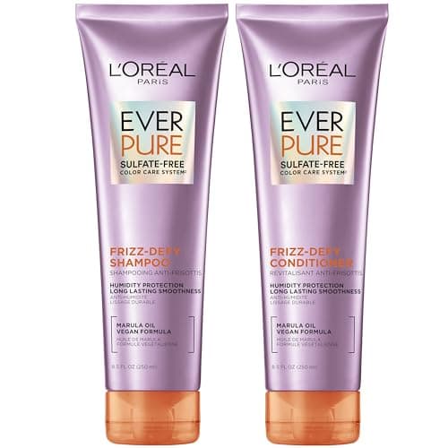 L'Oreal Paris - Kit de champú y acondicionador EverPure Frizz Defy sin sulfatos para cabello teñido, control de la humedad y el encrespamiento, para cabello encrespado, (8.5 onzas líquidas cada uno)