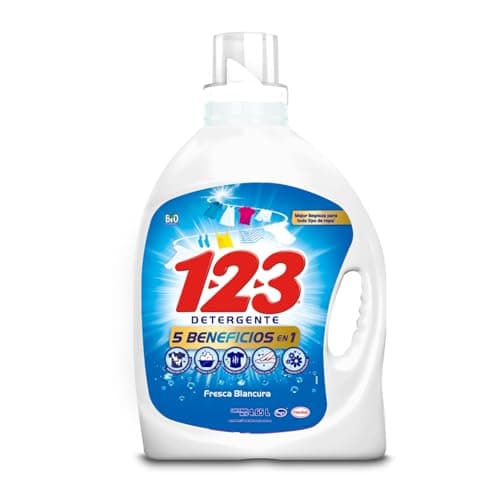 1-2-3 MAXI PODER regular, detergente líquido, ropa blanca, Fresca Blancura, Rendimiento, 4.65 L