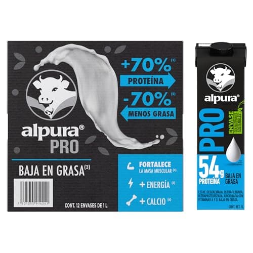 Alpura Pro Leche Extra Proteína Baja en Grasa Ultrapasteurizada en Paquete de 12 piezas de 1 Litro cada una. Fuente de proteína y Calcio, adicionada con Vitaminas A y D.