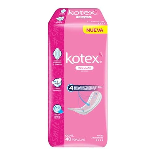 Kotex Regular Sin Alas, Toalla Femenina, Paquete con 40 Toallas, Ideal para Flujo Abundante
