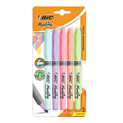 BIC, Marcatextos con Grip, Subraya Todo, Punta Cincel, Marking Pastel, Surtido de Colores, 5 piezas