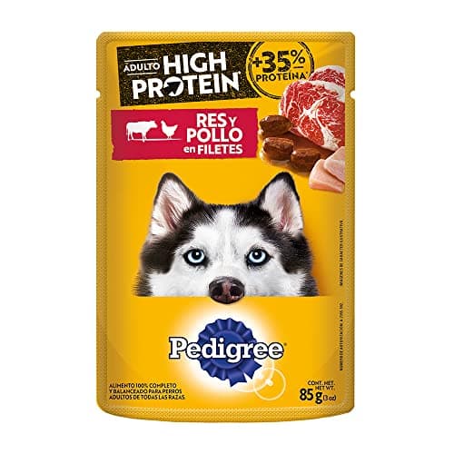 Pedigree - High Protein Alimento para Perro Adulto, Sabor Res y Pollo, 24 Sobres, 85g c/u, con Proteína, Antioxidantes y Vitamina E