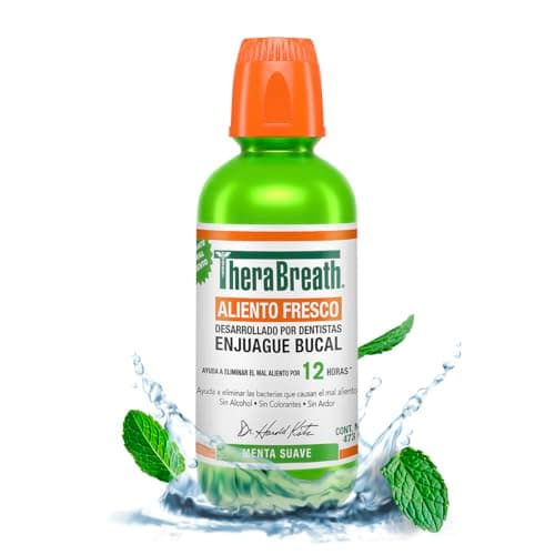 TheraBreath Enjuague Bucal sin Alcohol, Menta Suave 473 ml. Combate el Mal Aliento por 12 Horas
