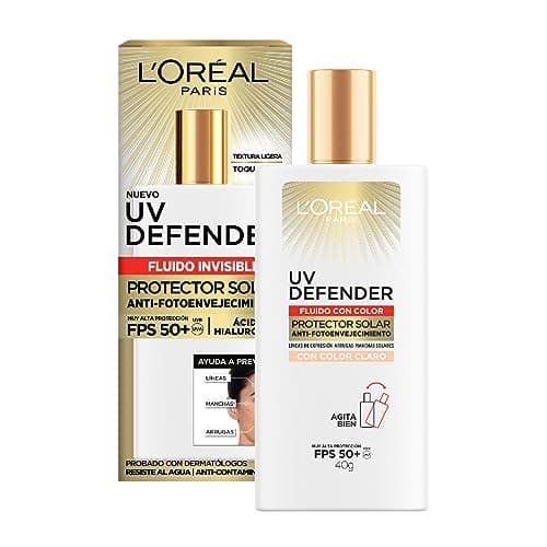 L'Oréal Paris Protector solar facial FPS50+ UV Defender Fluido Invisible Tono Claro, 40ml - Protección solar facial ultra ligero, -50% manchas y -30% arrugas debidas al sol, con Ácido Hialurónico
