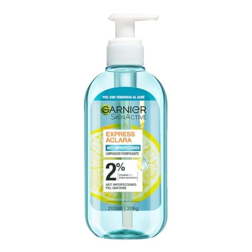 Garnier Express Aclara Gel Limpiador Facial Anti Imperfecciones, con Ácido Salicílico 2%, Vitamina C y Niacinamida, para Piel Grasa y/o con Tendencia al Acné, 200 ml