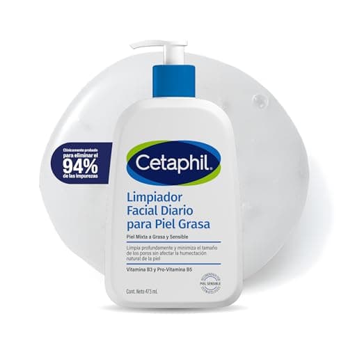 Cetaphil Limpiador Facial Diario Piel Sensible, Mixta a Grasa, con Niacinamida y Pantenol, Control de Brillo y Poros, 473 ml