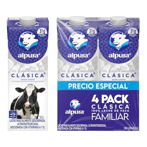Alpura Leche Clásica 100% leche de vaca Ultrapasteurizada en Paquete de 4 Piezas de 1 Litro cada una, Fuente de Calcio y Proteína, adicionada con vitaminas A y D.