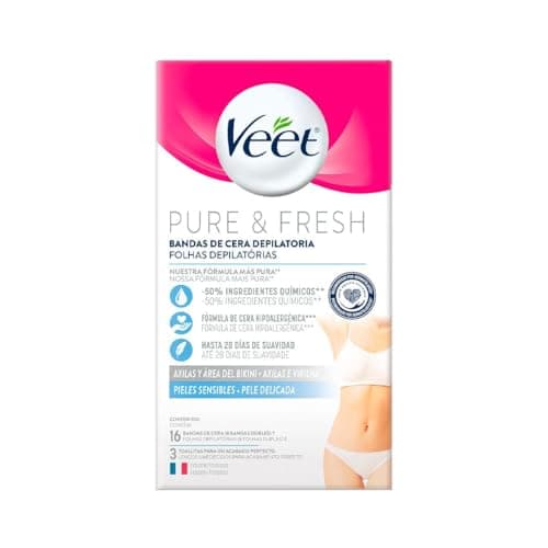 Veet Pure & Fresh, Bandas de Cera Depilatoria, Axilas y Bikini, Piel Sensible, 16 piezas