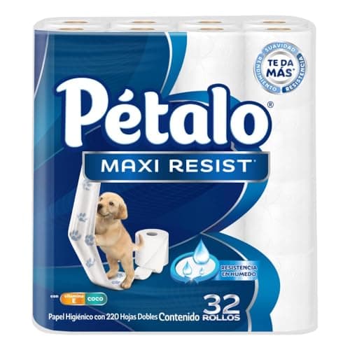 Pétalo Maxi Resist Papel Higiénico, 32 rollos de 220 hojas dobles, con Vitamina E y Coco