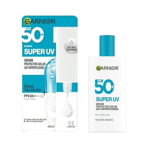 Garnier Super UV Protector Solar Facial Anti-Imperfecciones FPS 50+, con Ácido Salicílico, Amplia Protección Contra Rayos UVA y UVB, Textura Invisible y Ligera, 40 ml