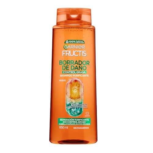 Garnier Fructis Borrador de Daño Control Grasa Shampoo 650ml para Cabello Dañado y Raíces Grasas