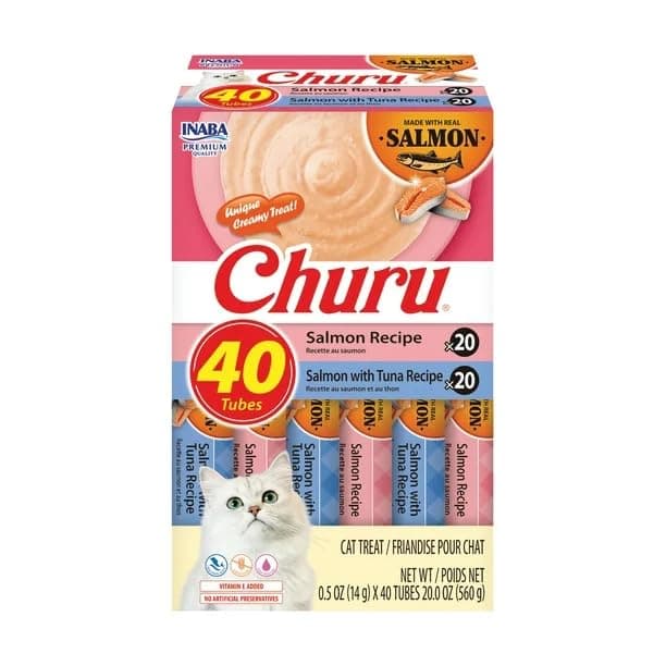 Churu Inaba, Premios Cremosos para Gato, Sabor Salmón, Bajo en Calorías, Mega Pack 40 Tubos de 14g